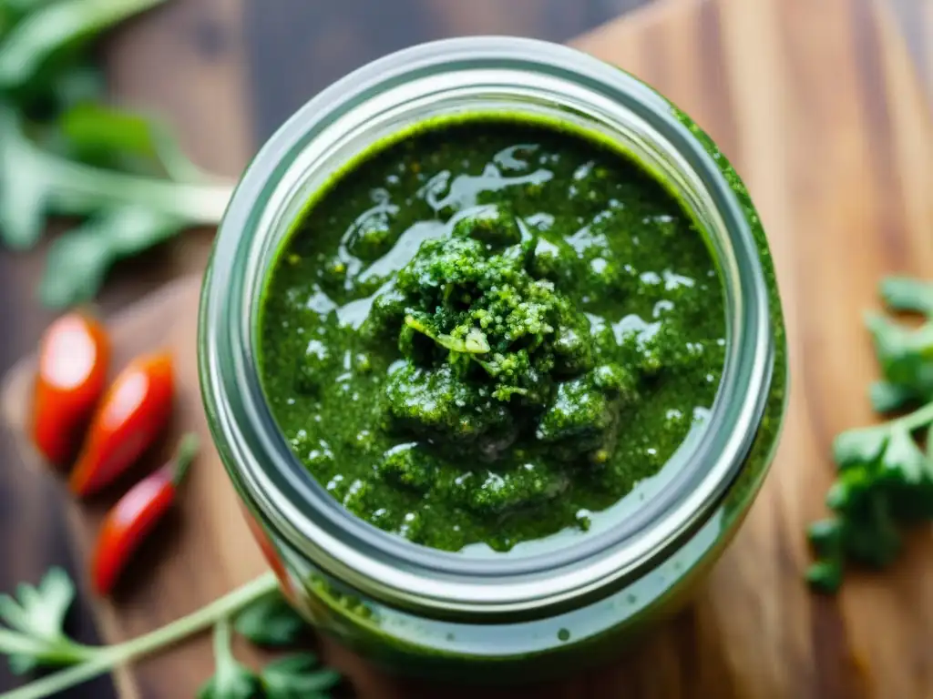 Vibrante salsa chimichurri para asado perfecto en frasco, con ingredientes frescos en mesa rústica iluminada por el sol