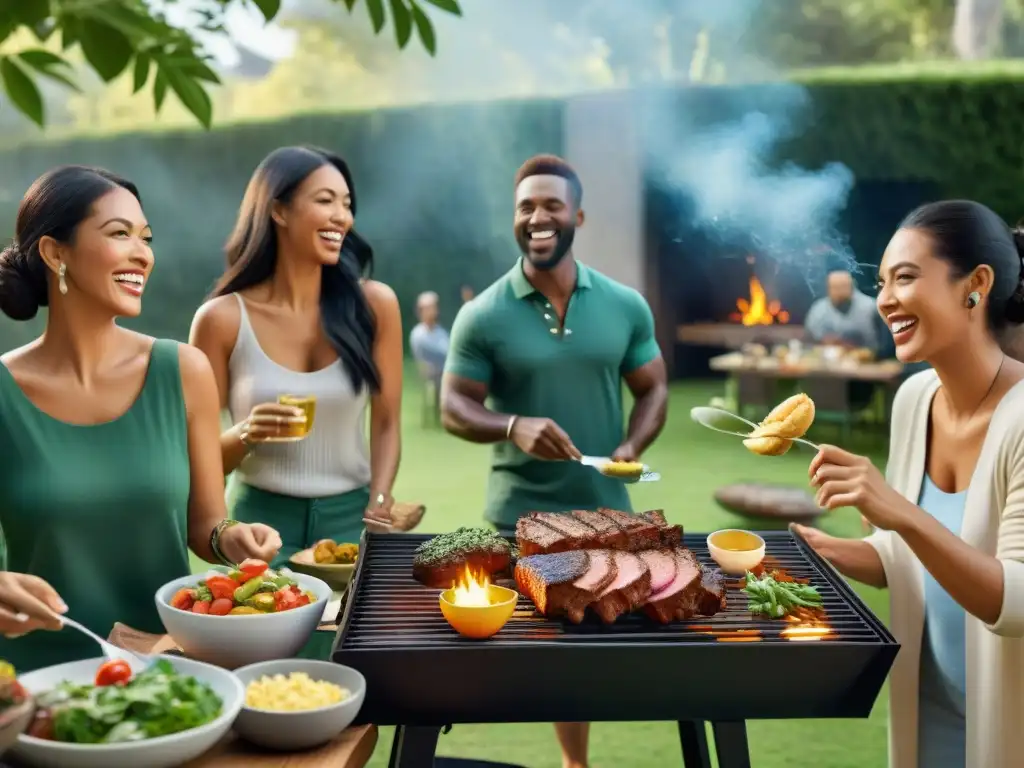 Un vibrante taller de asado para empresas en un entorno natural, donde colegas disfrutan y ríen juntos en un ambiente de camaradería