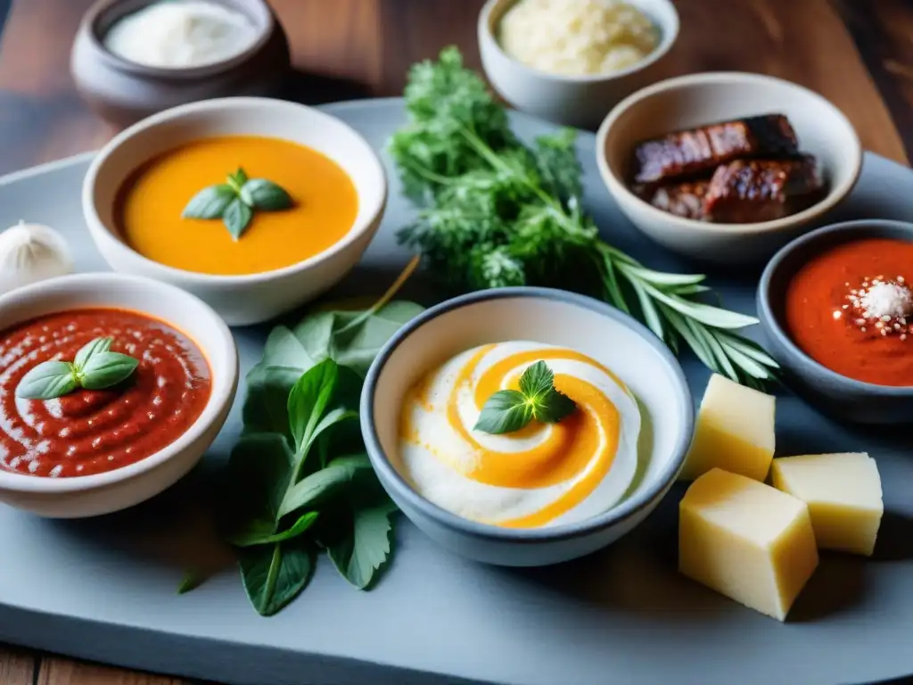 Una vibrante variedad de salsas tradicionales uruguayas en cuencos rústicos, destacando la picante Mayonesa de Ajíes