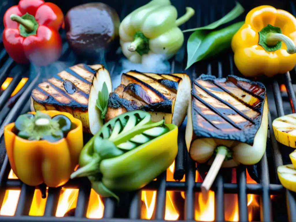 Una vibrante variedad de verduras a la parrilla en una barbacoa, evocando una deliciosa fiesta de asado vegetariano