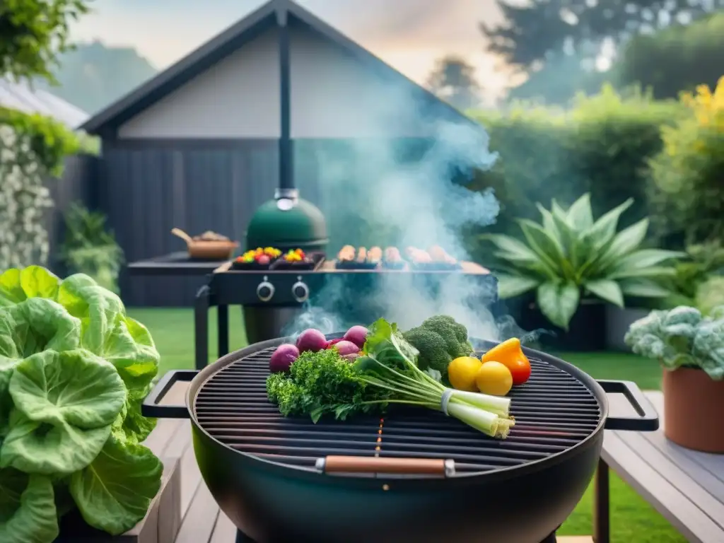 Un jardín vibrante con vegetales coloridos y amigos disfrutando de un asado sustentable con sabor perfecto bajo el sol