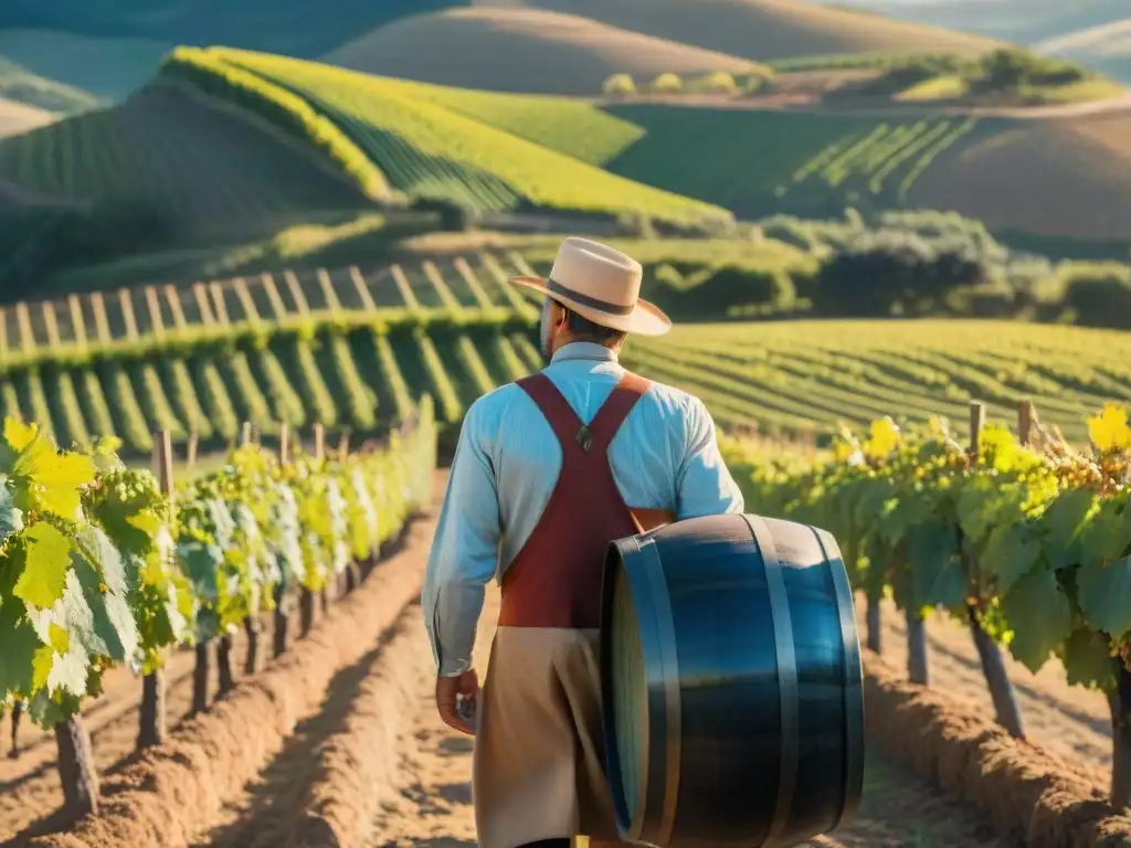 Vibrante viñedo uruguayo en cosecha con viticultores recolectando uvas al atardecer