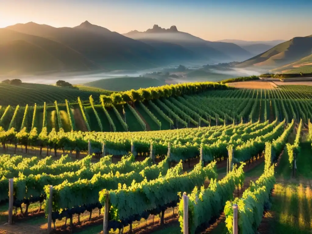 Viñedo en altitud de Uruguay al atardecer, con montañas y luz dorada