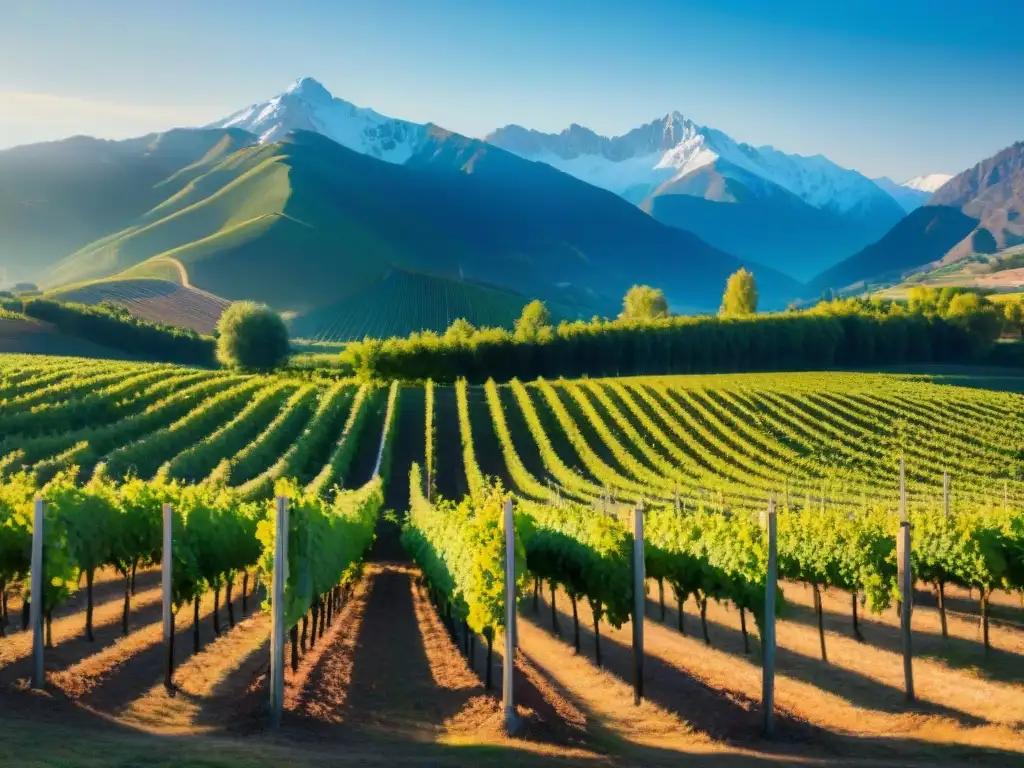 Un viñedo bañado por el sol con uvas maduras listas para la cosecha, montañas nevadas al fondo