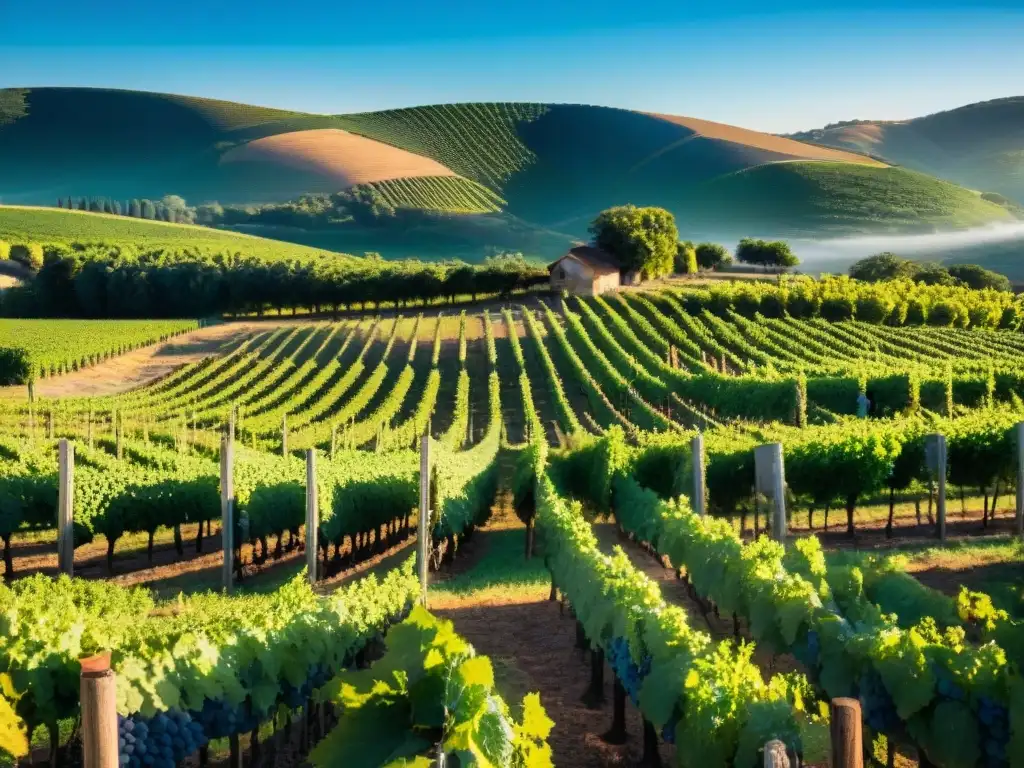 Un viñedo bañado por el sol en Uruguay, con vides cargadas de uvas moradas