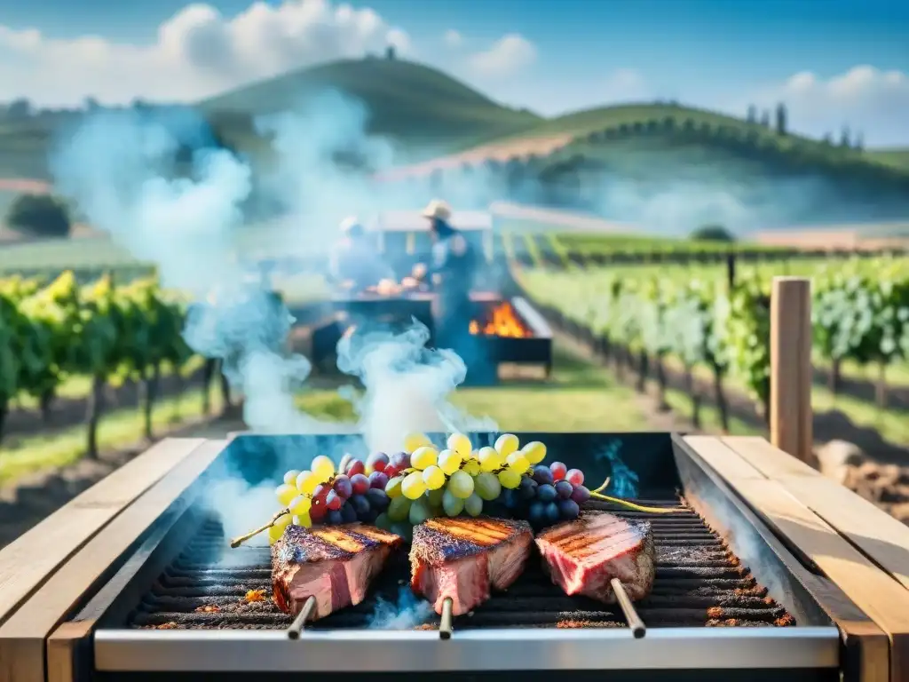 Viñedo colorido en Uruguay con uvas maduras, cielo azul y asado