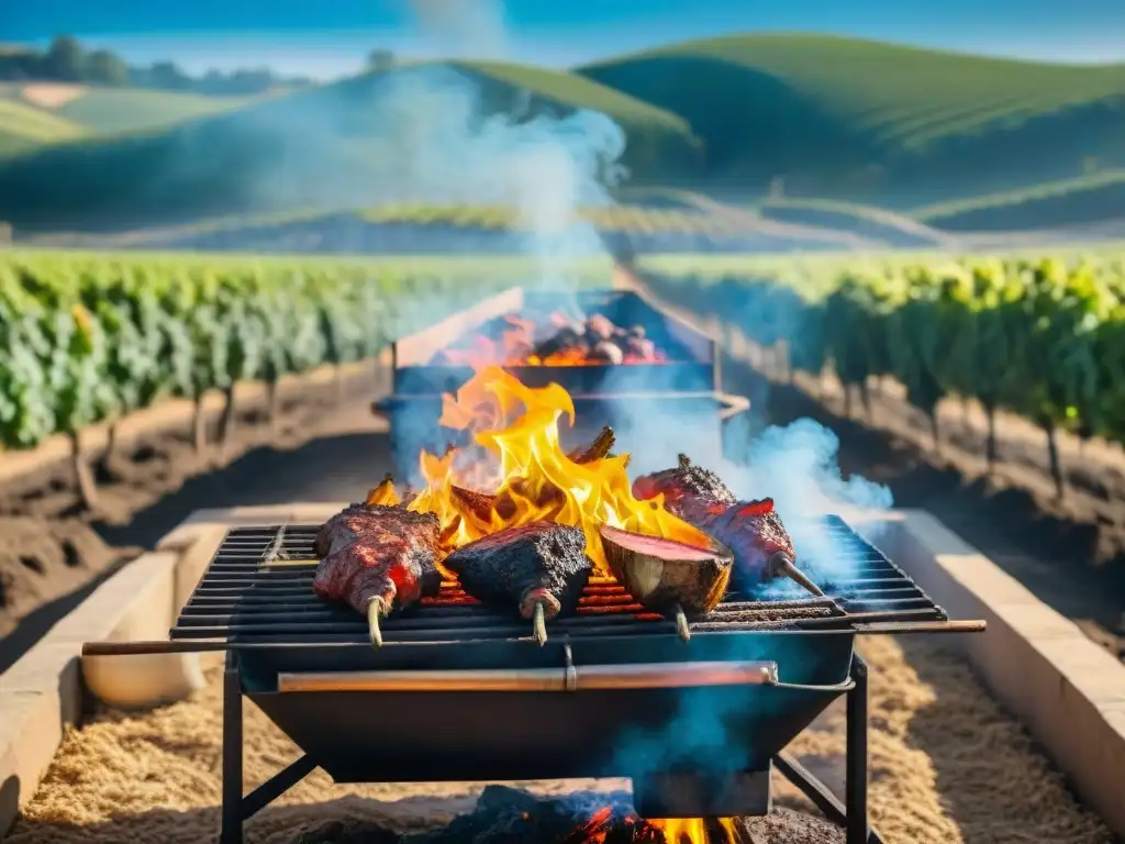 Viñedo exuberante y asado uruguayo bajo el sol dorado, en perfecto maridaje vinos asados clima