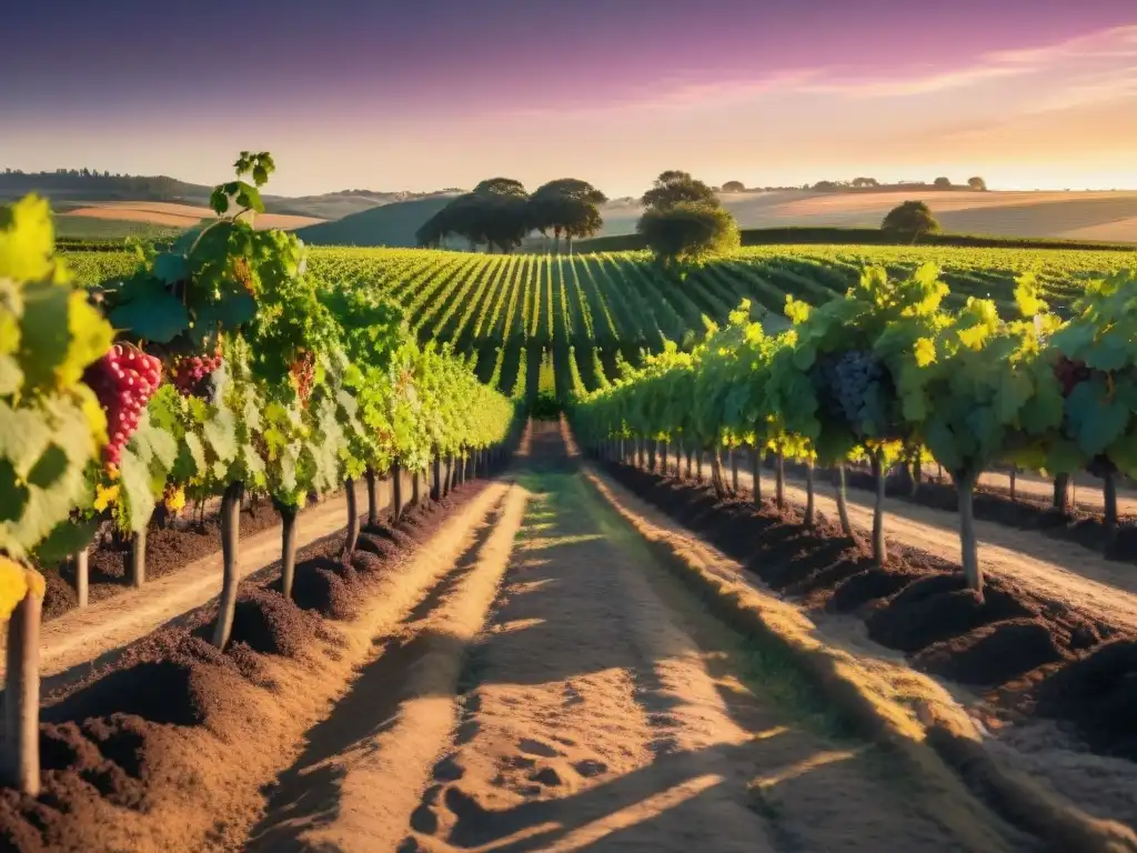 Un viñedo exuberante en Uruguay al atardecer dorado, destacando los racimos de uvas merlot y un letrero rústico