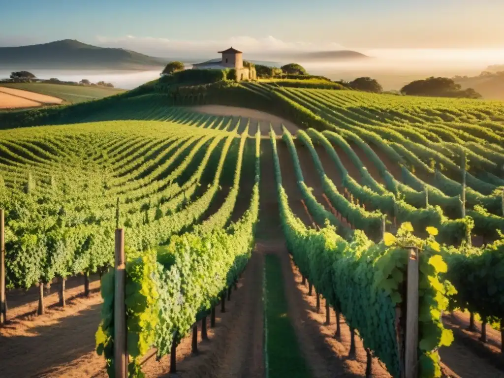 Viñedo exuberante al atardecer en Uruguay, con hileras de viñedos y el sol dorado