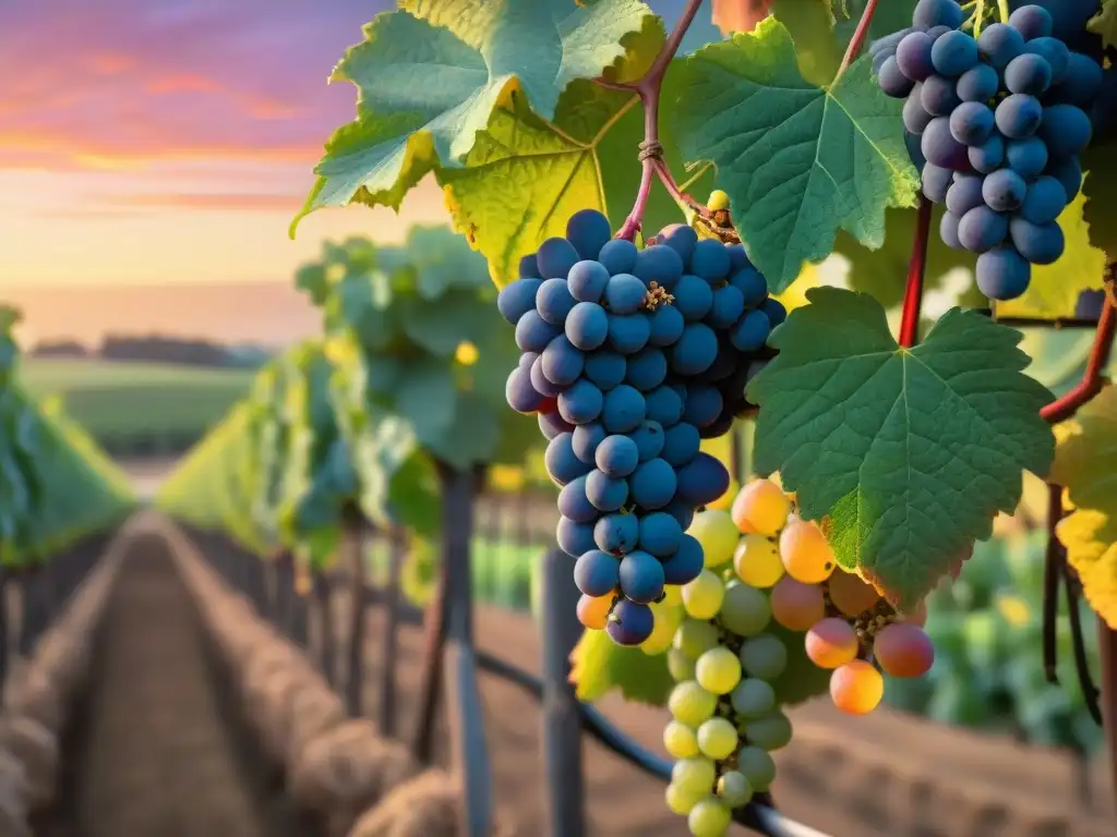 Un viñedo exuberante en Uruguay al atardecer, con viñedos vibrantes y el sol dorado