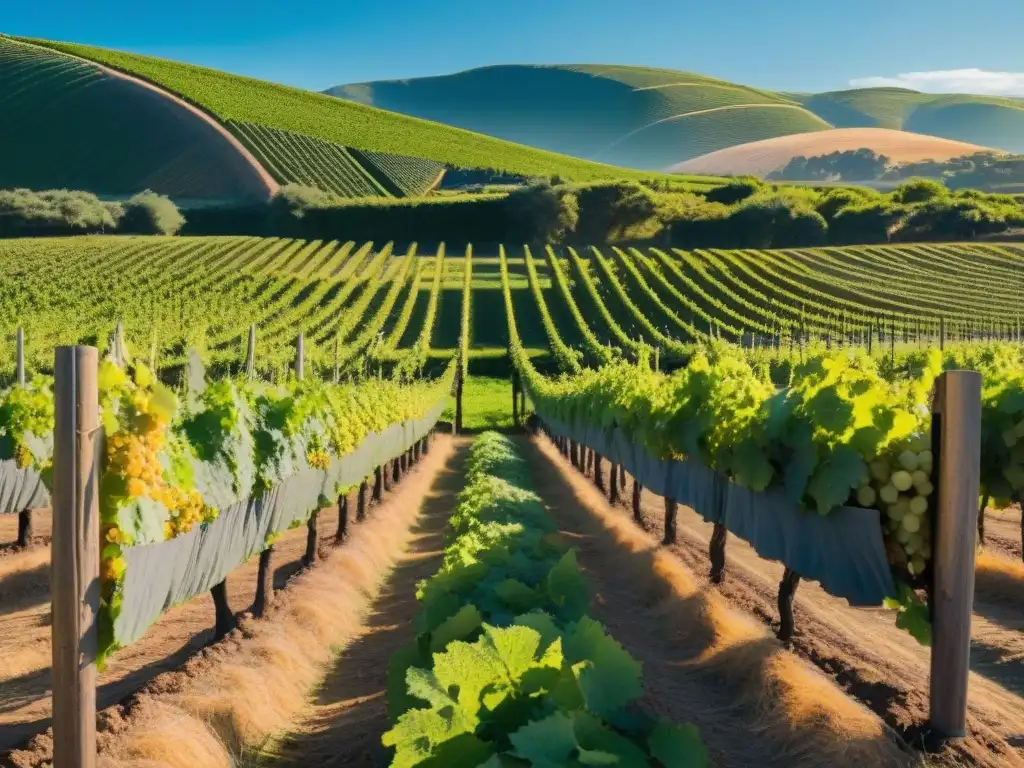 Un viñedo exuberante en Uruguay bañado por el sol, perfecto para maridaje vinos asado uruguayo