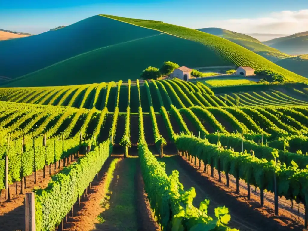 Viñedo exuberante en Uruguay, viñas verdes bajo el sol dorado, colinas y bodega rústica