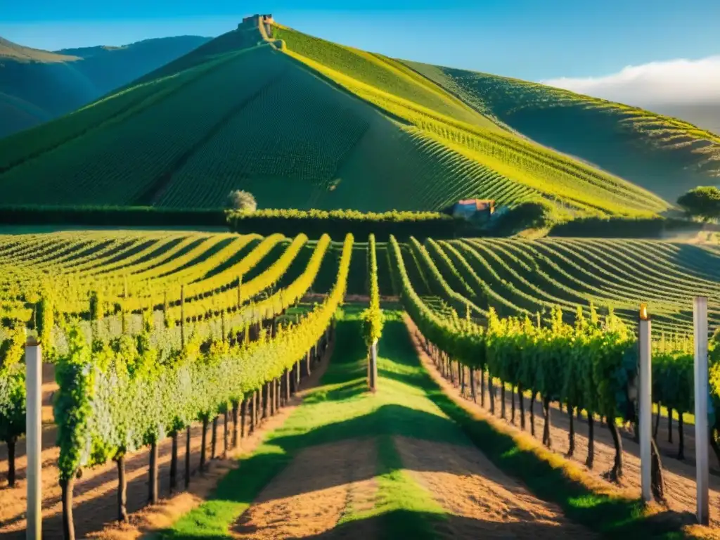 Viñedo exuberante en Uruguay con vides verdes bajo el sol