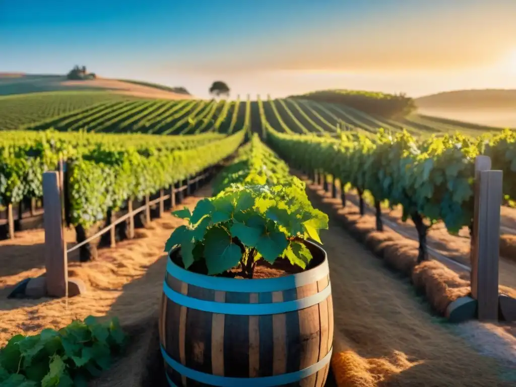 Viñedo histórico en Uruguay con filas de vides verdes bajo el sol dorado