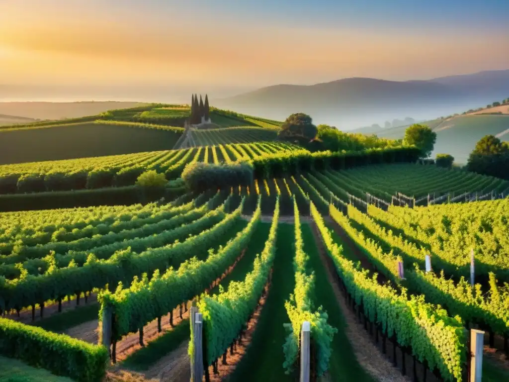 Viñedo orgánico al atardecer, con uvas bañadas por la cálida luz dorada