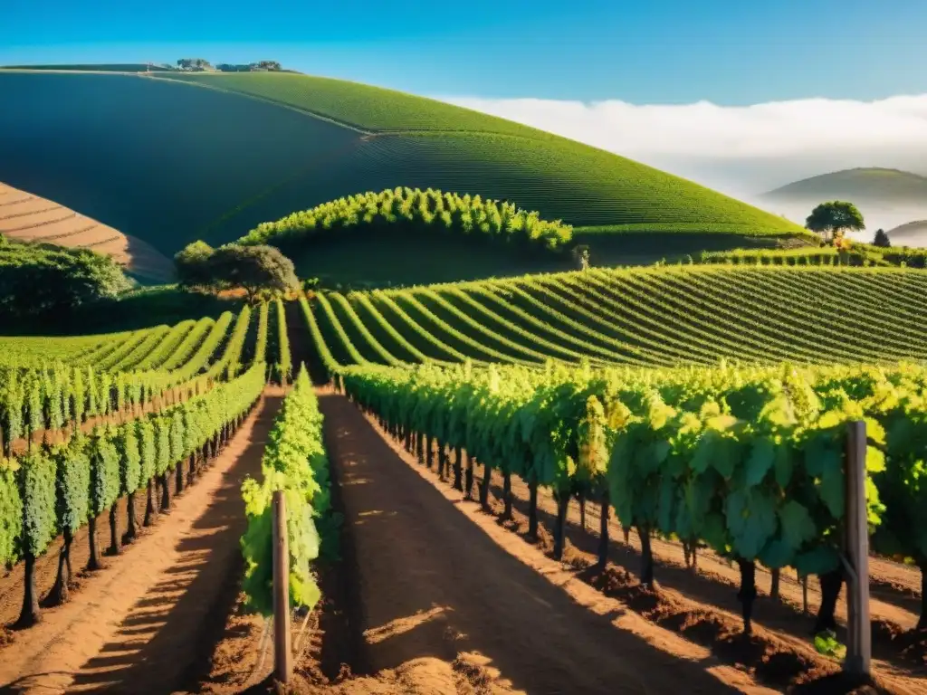 Un viñedo orgánico en Uruguay bajo el sol sudamericano, con vides verdes, suelo fértil, y un agricultor cuidando las uvas