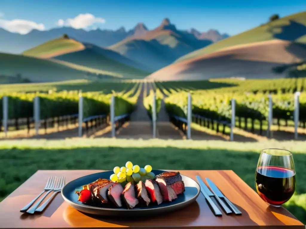 Un viñedo pintoresco con amigos disfrutando de un maridaje vinos asados bajo el cálido sol, con los Andes de fondo