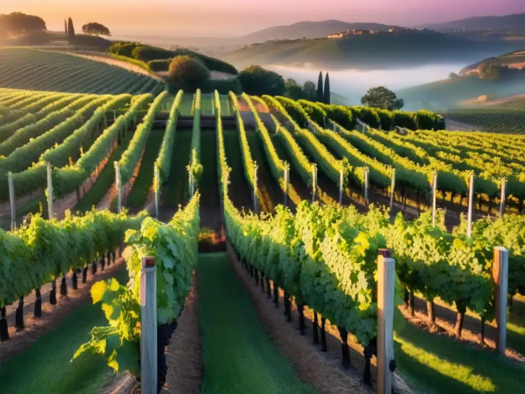 Viñedo pintoresco al atardecer con filas de uvas verdes bajo un cielo cálido de naranja, rosa y morado