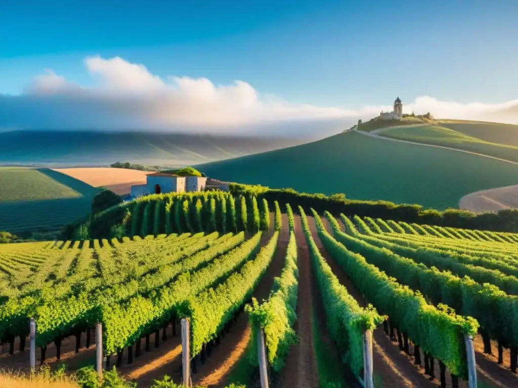 Viñedo pintoresco en Uruguay al atardecer, con vides verdes y bodega tradicional