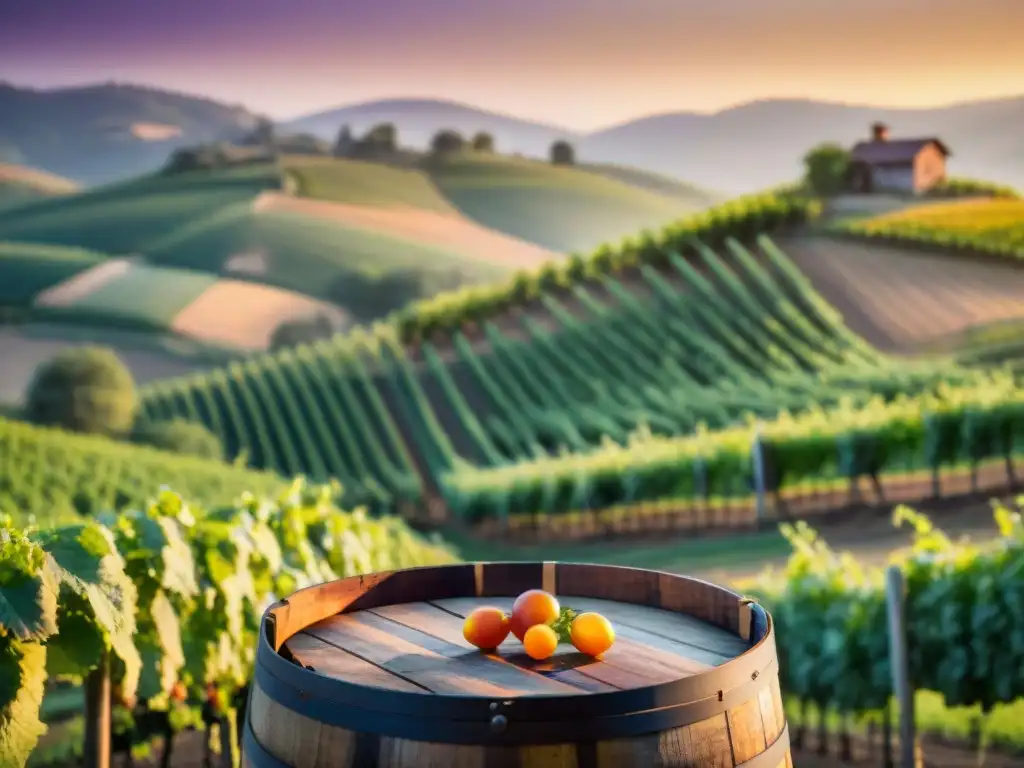 Viñedo pintoresco al atardecer, con viñas verdes, barril de vino y sol en tonos naranja y morado