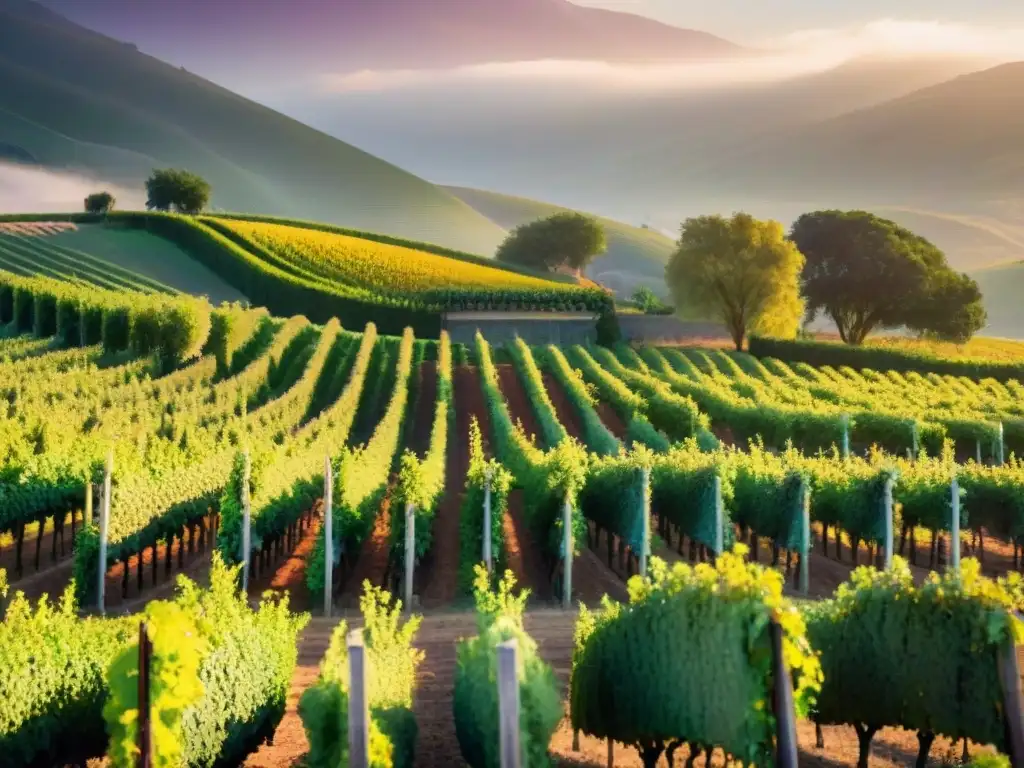 Viñedo pintoresco al atardecer, con viñedos verdes bajo un cielo multicolor