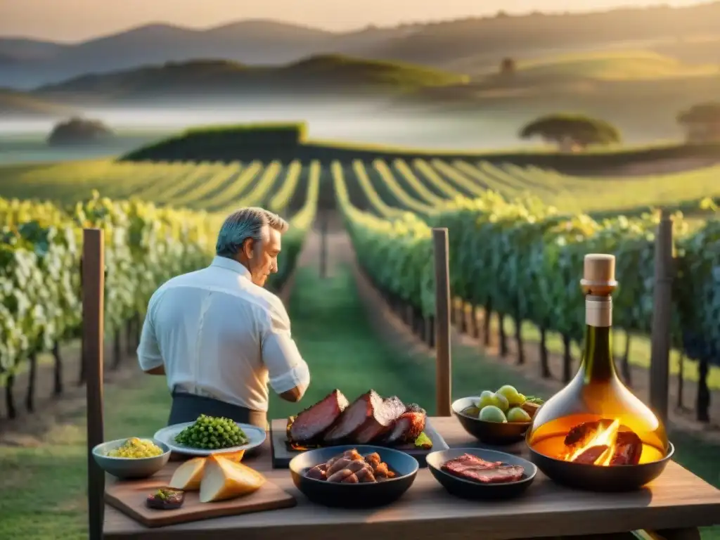 Viñedo uruguayo al atardecer con asado en preparación