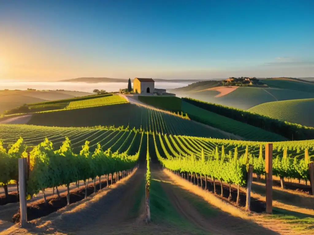 Viñedo uruguayo al atardecer con barril de vino, reflejando la esencia de los Vinos uruguayos terroir gastronomía