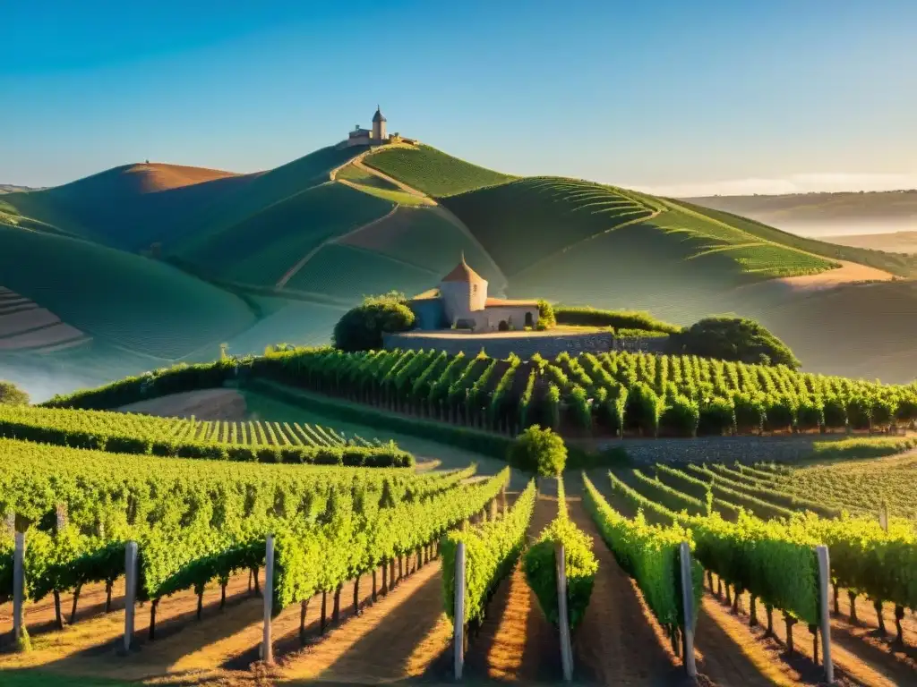 Viñedo uruguayo al atardecer, con bodega de piedra, viñedos verdes y cielo dorado