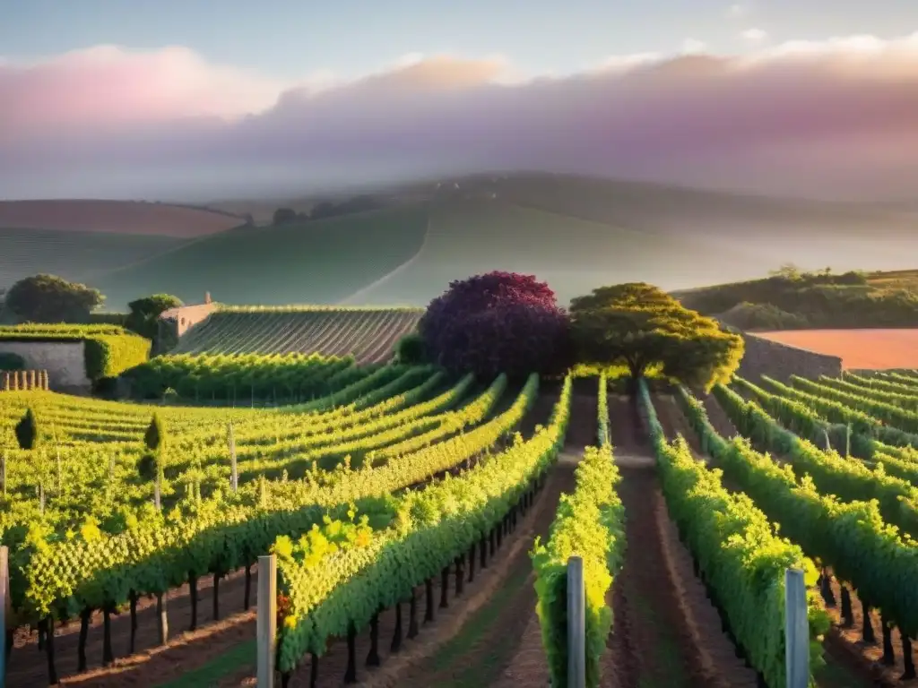 Un viñedo uruguayo al atardecer con una bodega antigua al fondo, bañado por una luz dorada