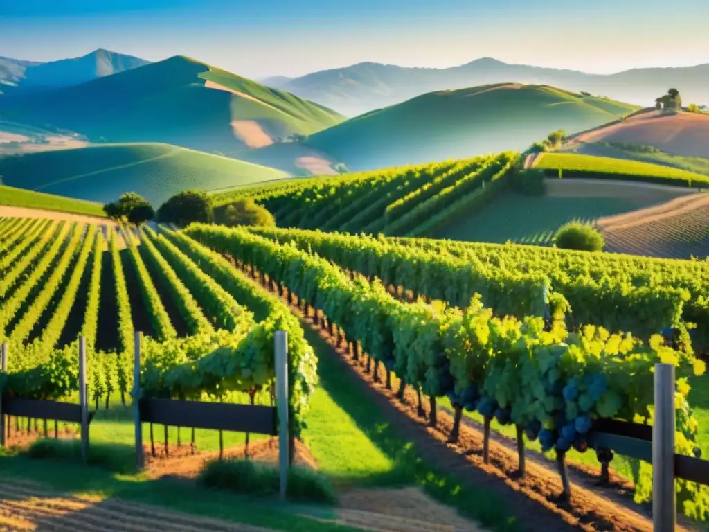 Un viñedo verde vibrante se extiende por colinas bajo un cielo azul claro al atardecer, evocando armonía con la naturaleza