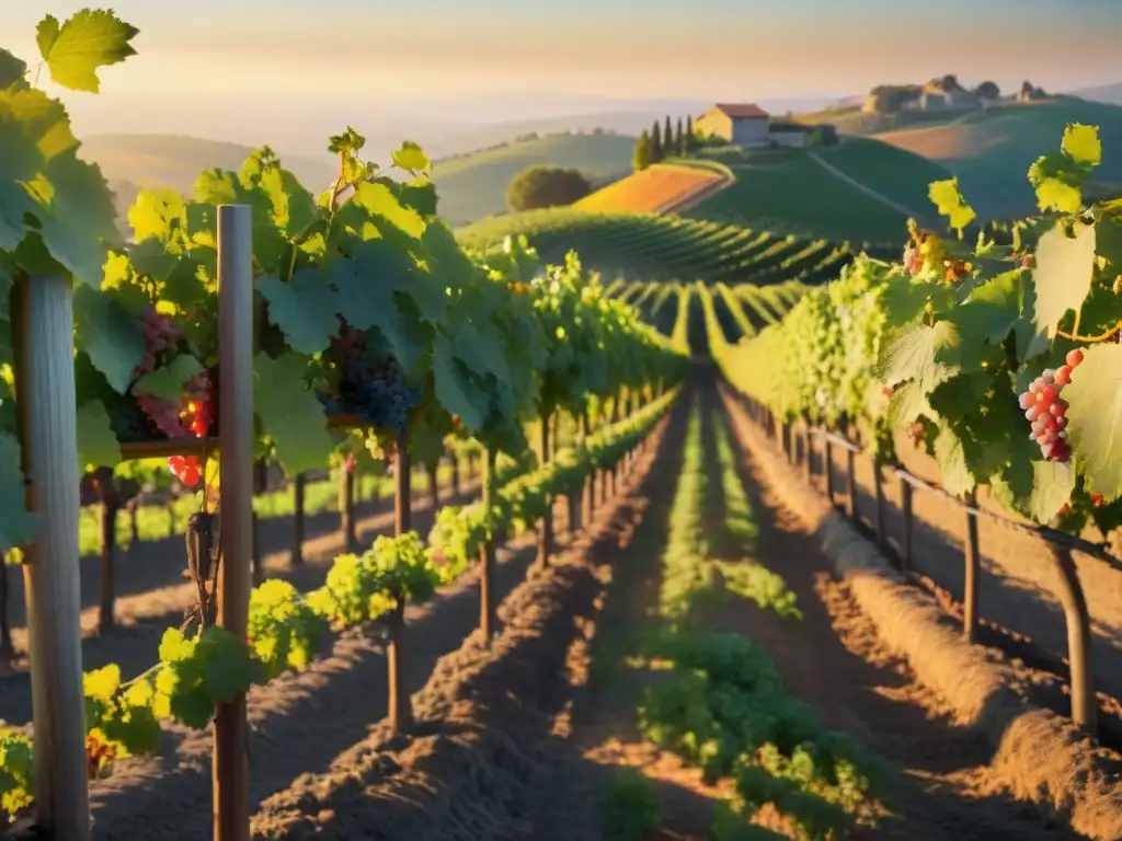 Un viñedo vibrante al atardecer con uvas coloridas