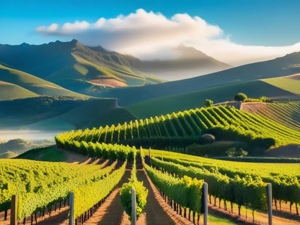 Un viñedo en Uruguay, con vides verdes, cielo azul y montañas nevadas al fondo