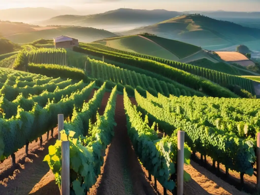 Viñedos de altura en Uruguay bañados por la cálida luz dorada del atardecer, transmitiendo tranquilidad y belleza