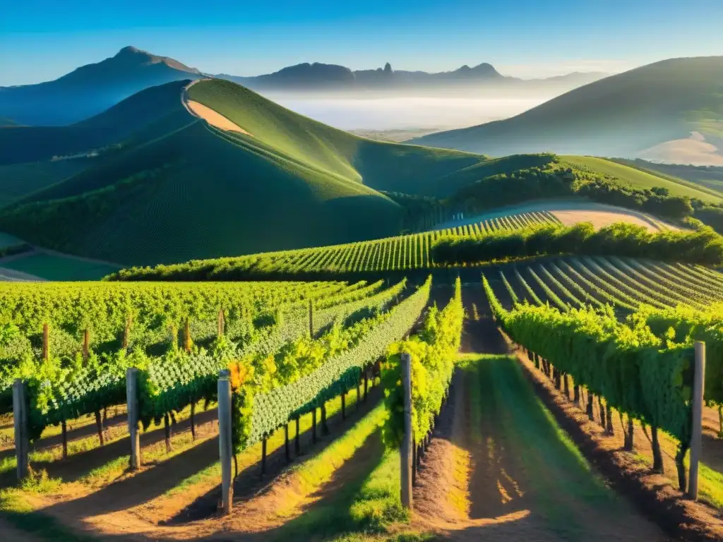 Viñedos de altura en Uruguay: un paisaje sereno de viñedos verdes bajo el cielo azul, rodeados de montañas majestuosas