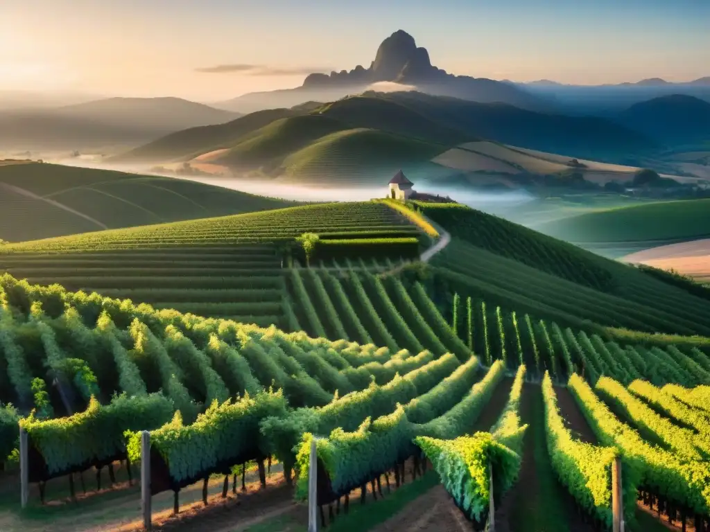 Viñedos de altura en Uruguay: vista panorámica de viñedos verdes contra montañas majestuosas al atardecer