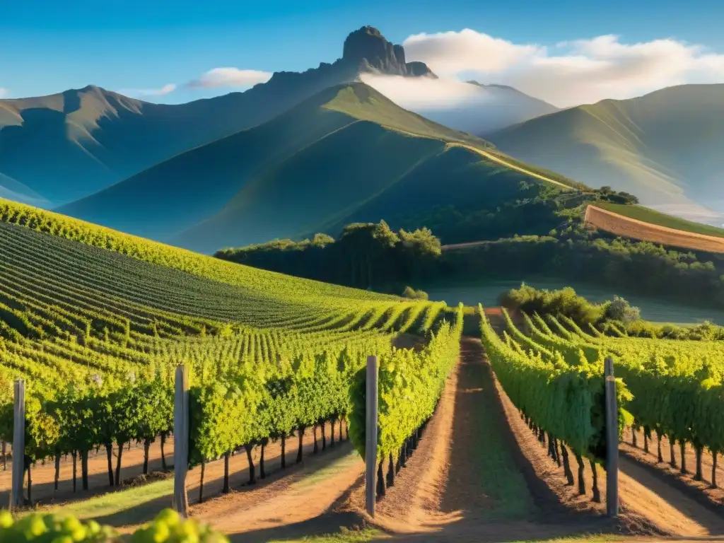 Viñedos de altura en Uruguay: viñedo pintoresco en la cima, bañado por el sol bajo un cielo azul