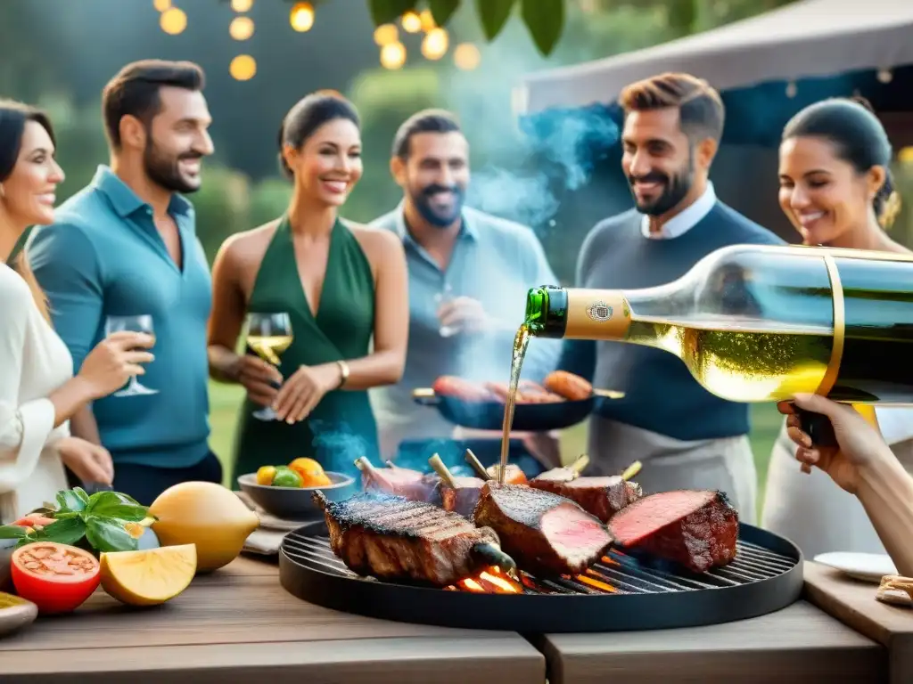 Disfrutando de Vinos espumosos para asado uruguayo en una animada parrillada al aire libre