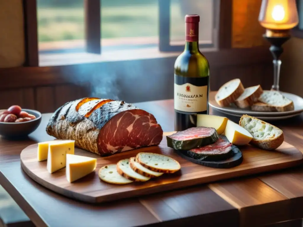 Vinos uruguayos jóvenes para asado: mesa rústica con vinos, embutidos, quesos y pan recién horneado en ambiente acogedor y cálido