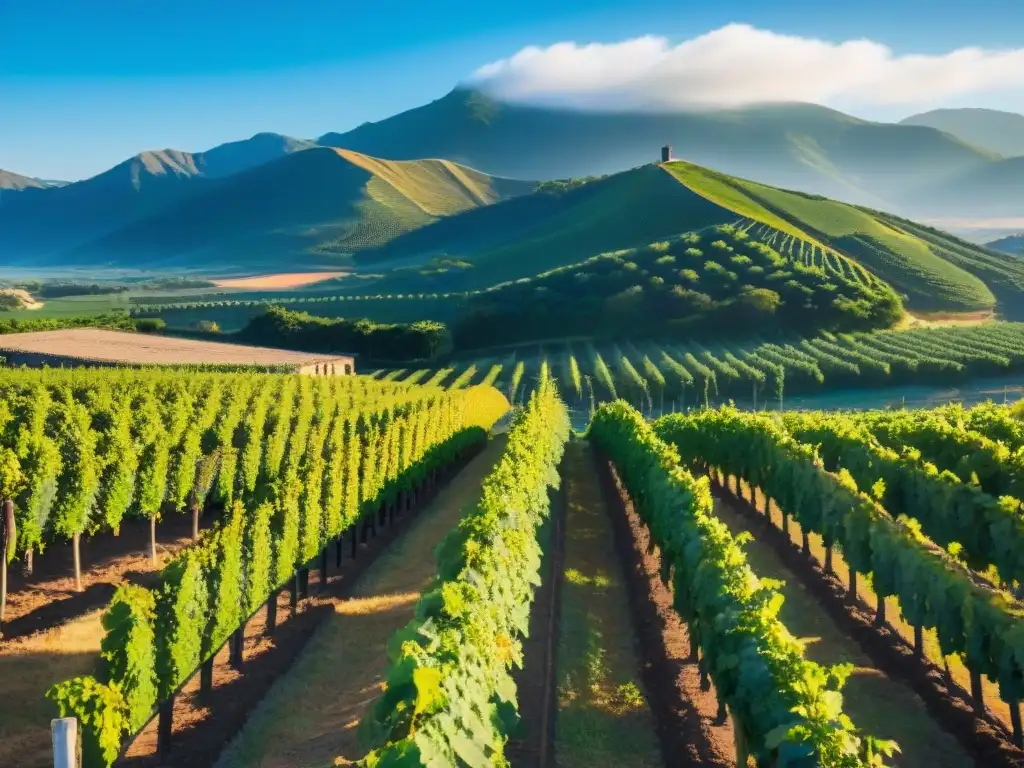 Vinos uruguayos terroir gastronomía: Viñedos verdes y bodega tradicional bajo el sol dorado, con montañas al fondo