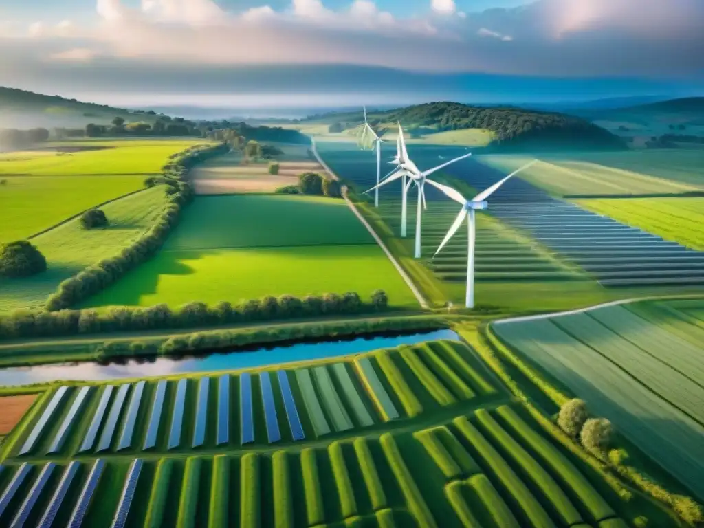 Una visión ecoamigable: rancho con pastizales verdes, paneles solares, turbinas eólicas y métodos sostenibles de producción de carne asada