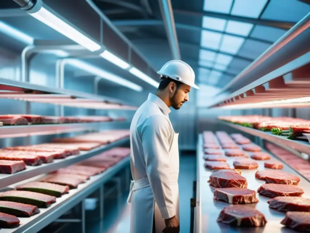 Una visión futurista de una producción sostenible de carne asada en un avanzado centro tecnológico