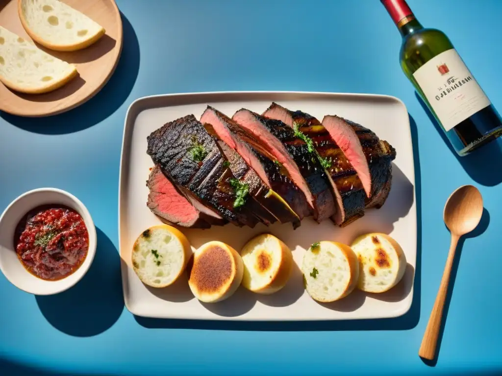 Disfruta la vista de un asado uruguayo tradicional con jugosos cortes de carne, chimichurri y vino tinto