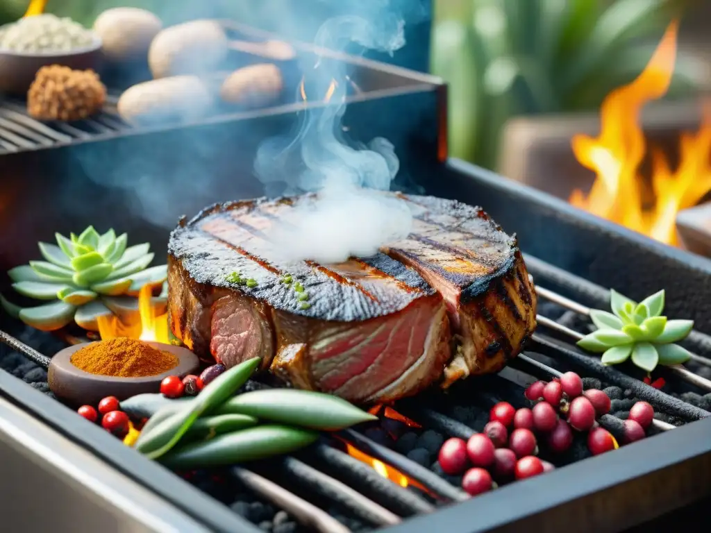 Deléitate con la vista de una carne exótica perfectamente asada en la parrilla, rodeada de especias y hierbas vibrantes bajo el sol