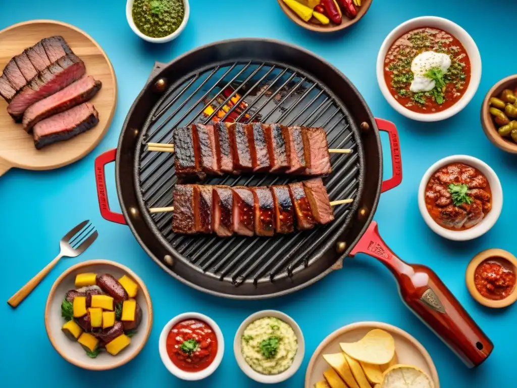 Vista detallada de un asado uruguayo con los mejores condimentos, en paisaje típico