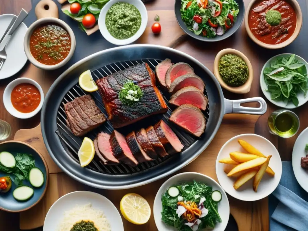 Vista detallada de un asado uruguayo tradicional con toques de innovación, carnes, chimichurri y vinos en una mesa rústica