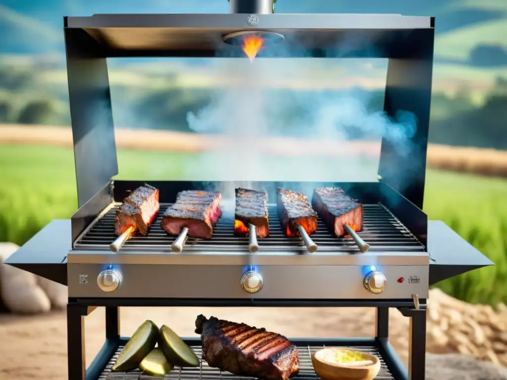 Una vista detallada de un asador uruguayo con accesorios innovadores, carne premium y paisaje campestre