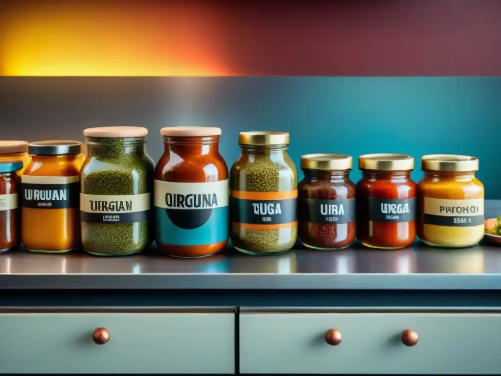 Una vista detallada de un moderno mostrador de cocina con salsas uruguayas tradicionales e innovadoras en coloridos recipientes