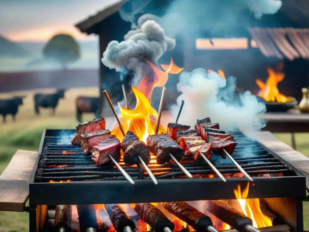 Vista detallada de una parrilla de asado uruguayo con gauchos, carne al fuego y paisaje campestre