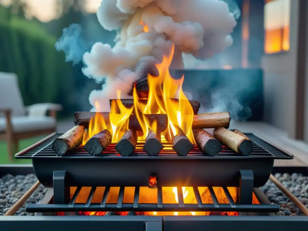 Vista dividida de parrilla para técnicas de asado directo e indirecto al anochecer