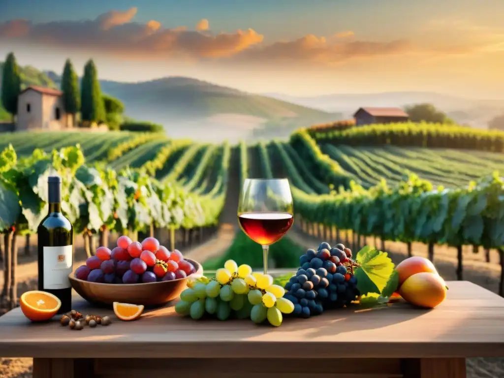 Vista impresionante de viñedo al atardecer con ingredientes para recetas vinos aromatizados caseros